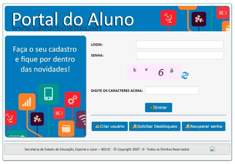 Página de login do Seduc mt 