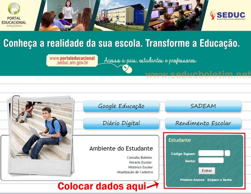 Página de login Seduc AM