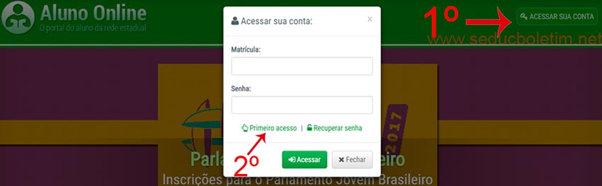 Tela de login do aluno Seduc CE 