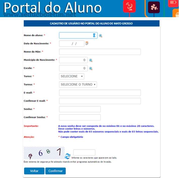 Página de cadastro do site Seduc MT Página de cadastro do site Seduc MT
