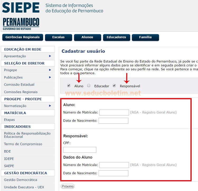 Página de cadastro aluno Seduc PE
