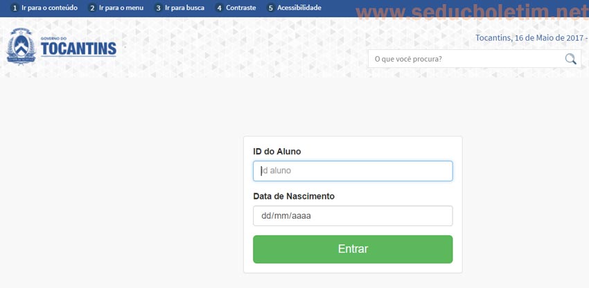 Página de login Seduc TO 