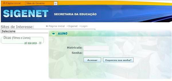 Página de acesso Seduc go boletim